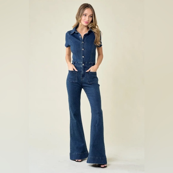 NWT! DARK DENIM FLARED JUMPSUIT WESTERN COWGIRL OUTFIT - Picture 2 of 6